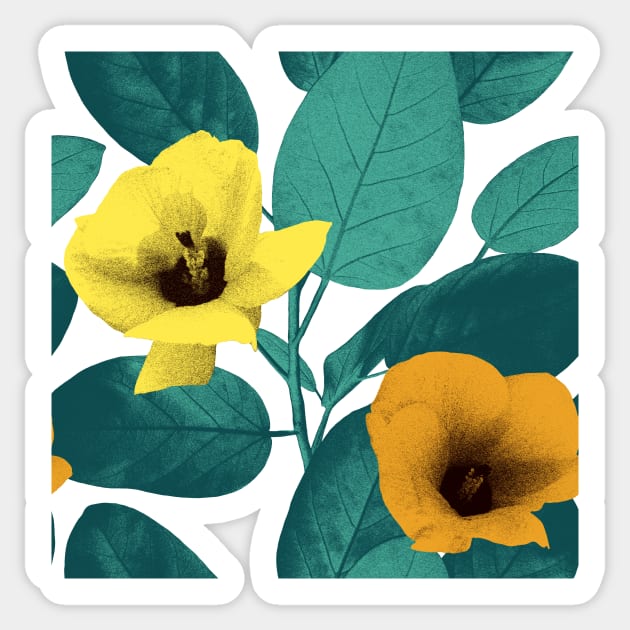 Dark vibrant tropical leaves and flowers. Exotic floral print. Summer jungle textural background. Sticker by likapix